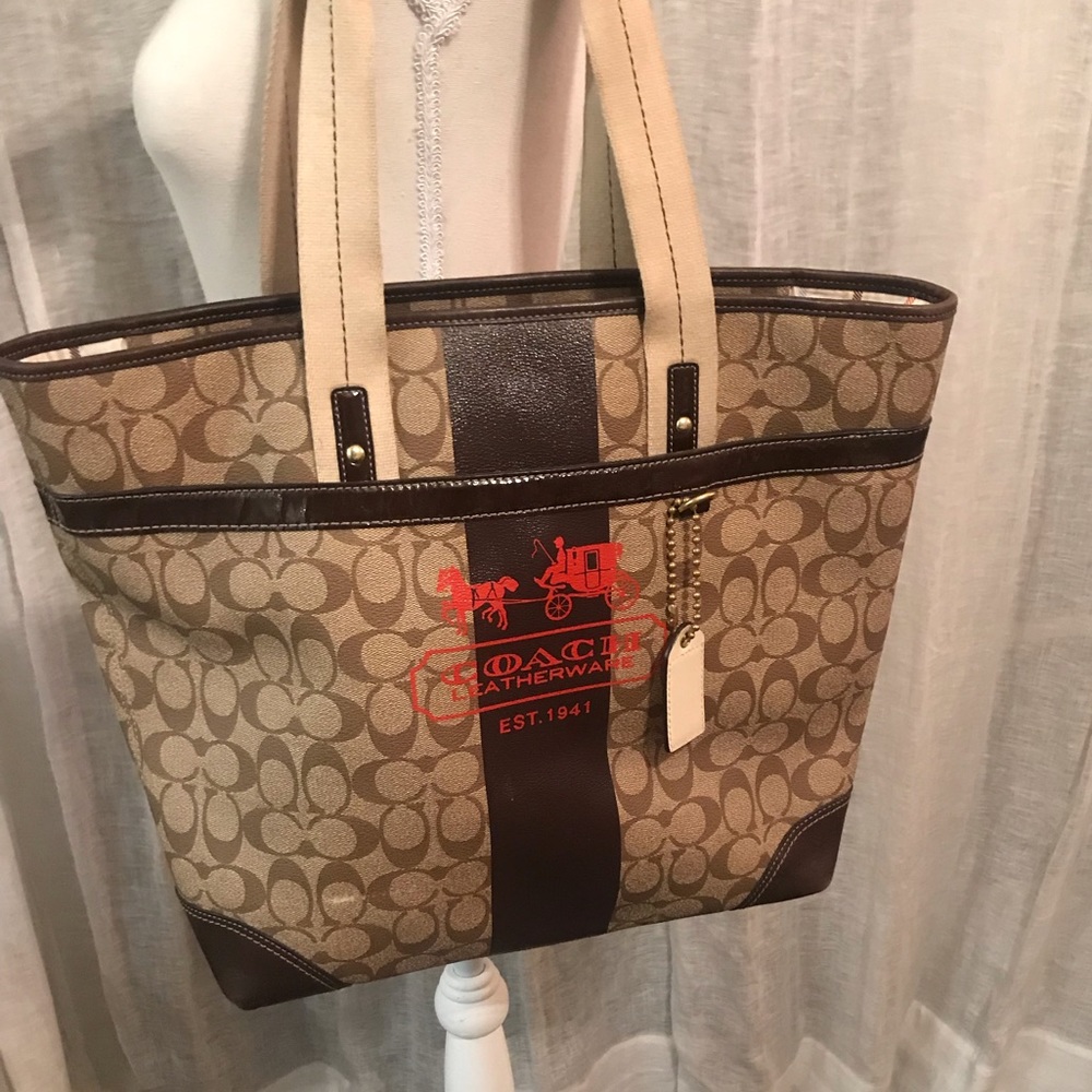 COACH Heritage signature stripe tan and brown tote